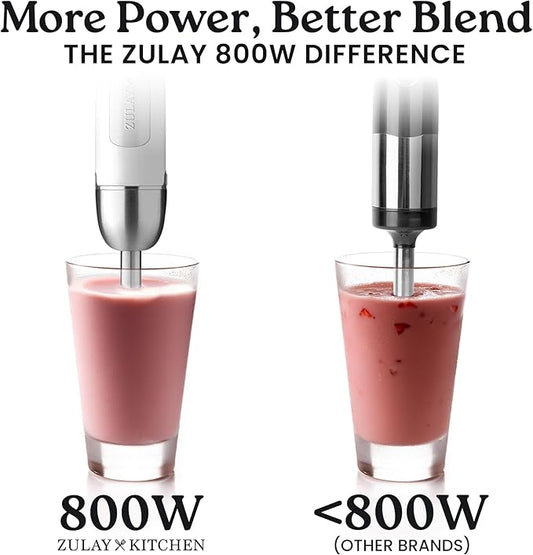 Zulay Immersion Stick Mixer Hand Blender - 800 Watts, Turbo Mode, 5-ft Power Electric Cord, Handheld Portable, Stainless Steel Blades - For Effortless Blending Smoothie, Soup, Baby Food, Puree - White