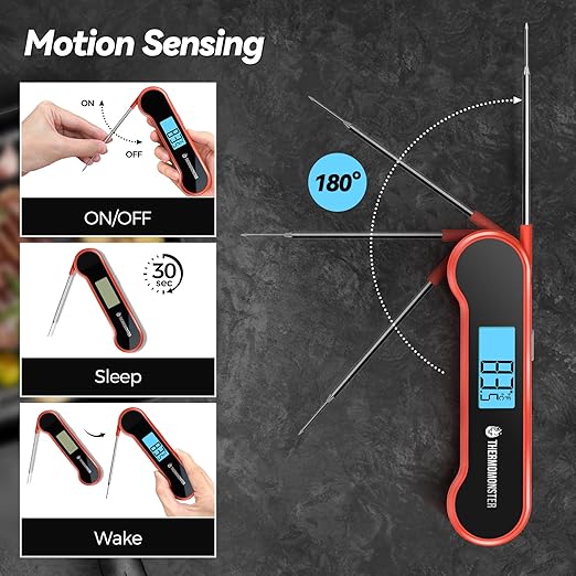 0.5 Sec Instant Read Meat Thermometer Digital with ±0.5℉ Precision, 100% Waterproof Auto Flip Bright LCD Screen, Motion Sensing Food Thermometer for Cooking Kitchen Oven Grill Candy BBQ, Red