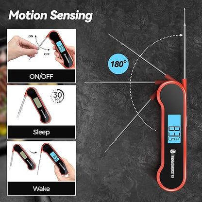 0.5 Sec Instant Read Meat Thermometer Digital with ±0.5℉ Precision, 100% Waterproof Auto Flip Bright LCD Screen, Motion Sensing Food Thermometer for Cooking Kitchen Oven Grill Candy BBQ, Red