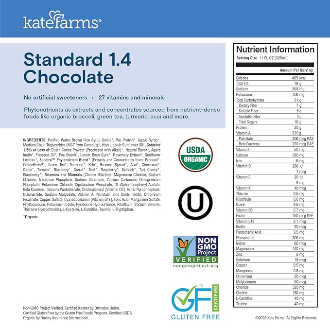 KATE FARMS Organic 1.4 High Calorie Nutrition Shake, Chocolate, 20g Protein, 27 Vitamins and Minerals, Meal Replacement, 11 oz (12 Pack)