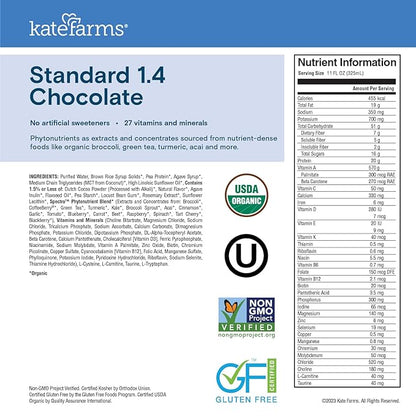 KATE FARMS Organic 1.4 High Calorie Nutrition Shake, Chocolate, 20g Protein, 27 Vitamins and Minerals, Meal Replacement, 11 oz (12 Pack)