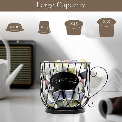 Coffee Pod Holder Organizer, Large Capacity K Cup Holder Organizer, Storage Basket for Kitchen Countertop Office Coffee Bar with Wooden Base(Rustic Black-Round)