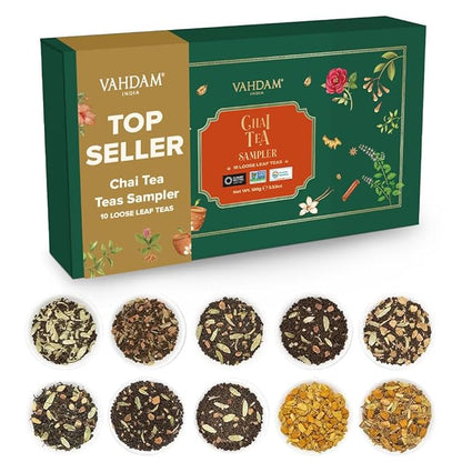 VAHDAM, Assorted Chai Tea Loose Leaf Tea Gift Set (10 Flavors) Gift Ideas for Women & Men | Indian Exotic Chai Tea Blends | Resealable Ziplock Pouch | Gifts for Him/Her
