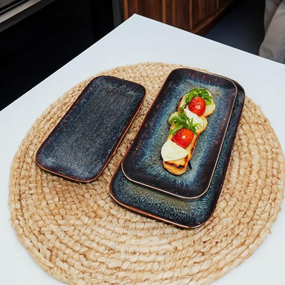 Porcelain Dinner Plates Platters Set of 2, for Fruit, dessert, snack platter, Bread, cupcake, Salad - Microwave, Dishwasher Safe, Scratch Resistant durable, Black Reactive glaze