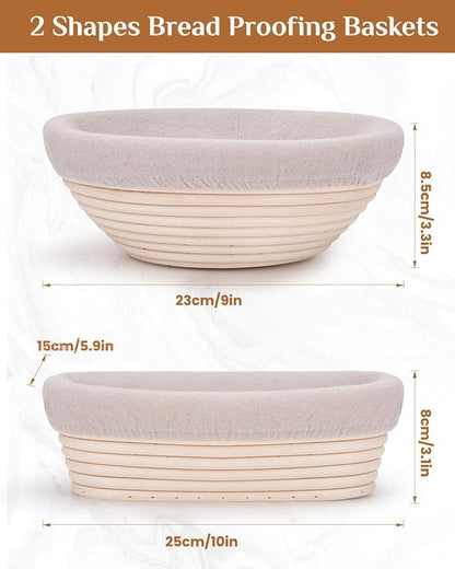 Bread Proofing Basket Set, PITCH PULSE 9 Inch Round and 10 Inch Oval Banneton Bowl with Sourdough Bread Making Tools Kit