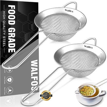 Walfos Small Fine Mesh Tea Strainer, Mini Stainless Steel Sieve with Handle, 2.8 Inch Kitchen Metal Sifter Strainers for Tea, Juicing, Coffee, Cocktail, Powdered Sugar, Matcha (2 Pack)