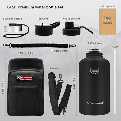 NATURE PIONEOR Insulated Water Bottles with Straw - 64oz Stainless Steel Vacuum Bottle with Holder/Carrier/Sleeve - Reusable 18/8 Food Grade Half Gallon Water Jug