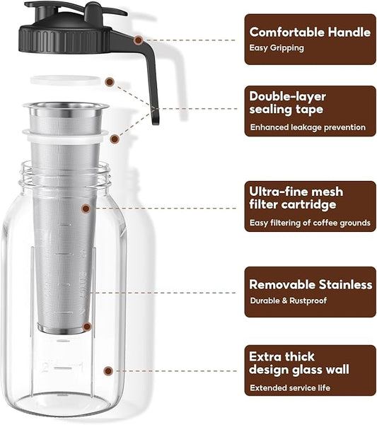 Cold Brew Coffee Maker Jar - 2 Pack 64 oz/32 oz Glass Cold Brew Maker with Handle, Stainless Steel Filter & Leak-Proof Lid, Heavy Duty Cold Brew Pitcher for Iced Coffee, Sun Tea, and Milk