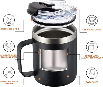 ALOUFEA 12oz Stainless Steel Insulated Coffee Mug with Handle, Double Wall Vacuum Travel Mug, Tumbler Cup with Fliping Lid, Black and Navy