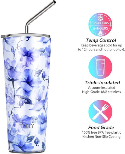 THILY Stainless Steel Vacuum Insulated Tumbler 26 oz Triple-Insulated Travel Mug with Splash-Proof Lid, for Iced Coffee and Hot Beverage, Iridaceae + Red Lotus