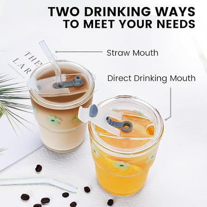 Iced Coffee Cup, 15Oz/450ml Glass Cups With Lids And Straws, Iced Coffee Glasses Tumbler, Thick Wall Glass Mug For Tea Water With 2 Straw, Coffee Tumbler Gifts