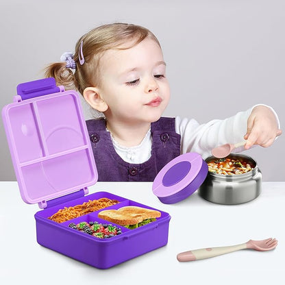 Bento Lunch Box for Kids with 8oz Soup Thermo&Lunch Bag, Leak-Proof Lunch Food Containers with 4 Compartment, Hot Food Insulated Food Jar for Kids School (Purple)