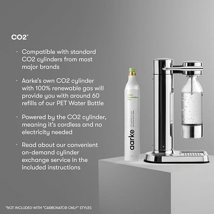 Aarke Carbonator lll with CO2 Cylinder, Sparkling & Carbonation Water Machine, Stainless Steel with PET BPA-Free Reusable Bottle Volume 1L/34 fl oz (Stainless Steel)