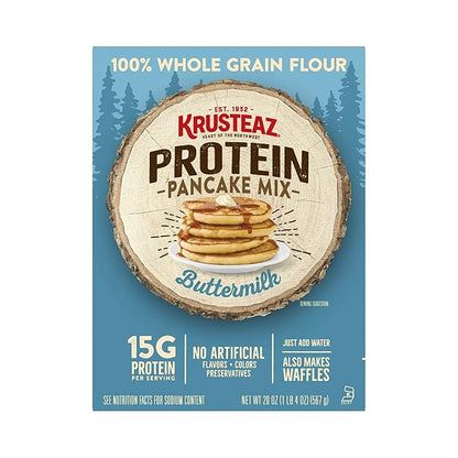 Krusteaz Protein Pancake Mix, Buttermilk Pancake Mix, 100% Whole Grain Flour & 15g of Protein Per Serving, Also Makes Waffles, Just Add Water (1.25 Pound (Pack of 4))