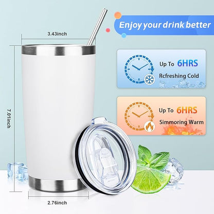 20oz Tumbler with Straw and Brush, Stainless Steel Vacuum Insulated tumbler, Double Wall Insulated Coffee Tumbler for Outdoor, Home, Travel,Office (White,1pcs)