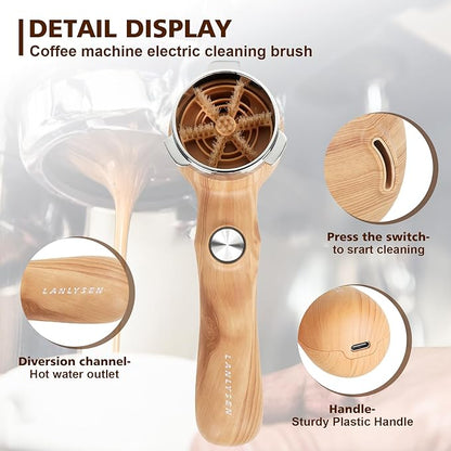 Espresso Coffee Machine Cleaning Brush Wood grain color espresso machine electric cleaning brush 360° Totally enclosed cleaning for 3 EARS 51MM Delonghi Dedica Style Series EC680 and EC685 SMEG ECF01