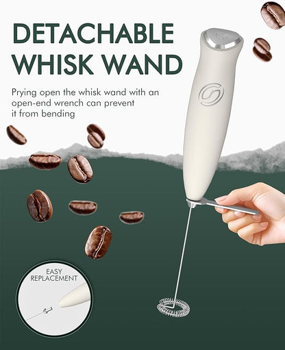 Milk Frother Handheld Frother Wand Drink Mixer Handheld Coffee Stirrers Electric Frother for Coffee Mixer Wand with 2 Whisk frother for protein powder coffee frother handheld-White