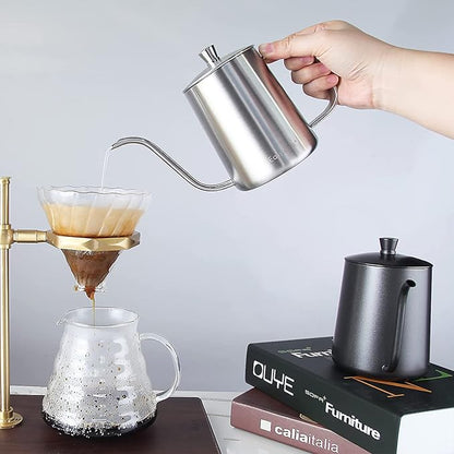 Easyworkz Gage Gooseneck Pour Over Coffee Kettle 20 oz Stainless Steel Hand Drip Long Narrow Spout, Silver