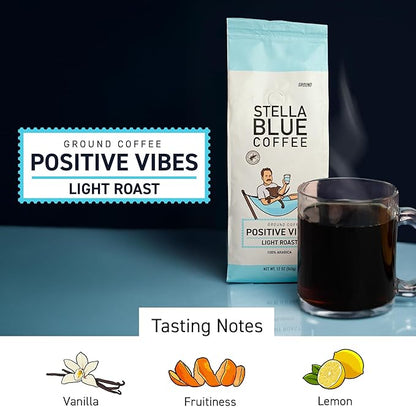 Stella Blue Ground Coffee, Positive Vibes Blend, Light Roast, Vanilla and Fruity Notes, 100% Arabica, Ethically Sourced from Central and South America, 12 oz bag