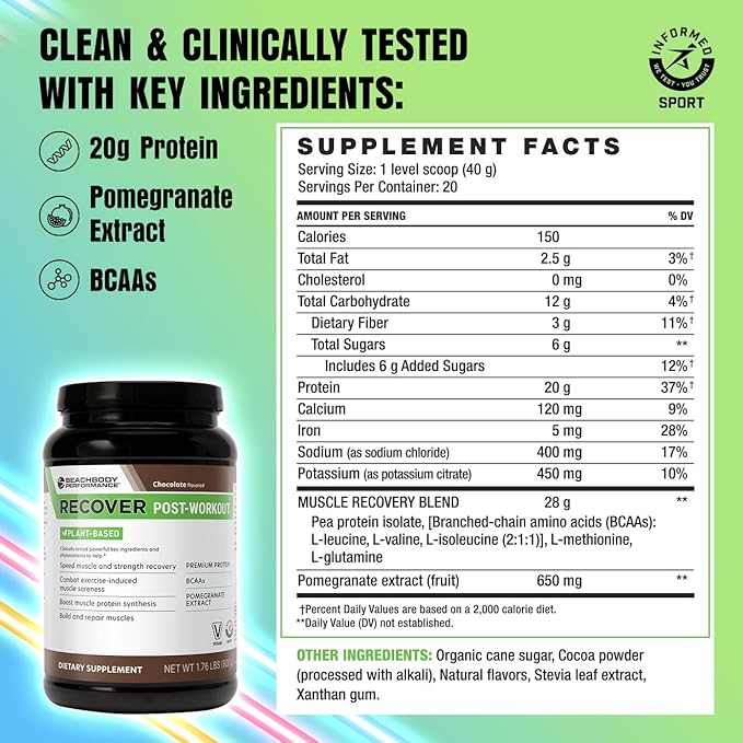 BODi Recover Plant-Based Protein Powder Blend– Post-Workout Chocolate Plant-Based Supplement for Muscle Recovery with 20g Protein, BCAAs, Pomegranate Extract - Fast Recovery - 20 Serving Tub