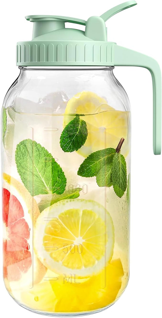 2 Quart Wide Mouth Glass Pitcher with Lid, 64oz Mason Jar Pitcher, Leak-proof Iced Tea Pitcher,Heavy Duty Container for Fridge Sweet Tea,Juice,Cold Brew Coffee,Breastmilk Storage Drinks-1PACK/Green