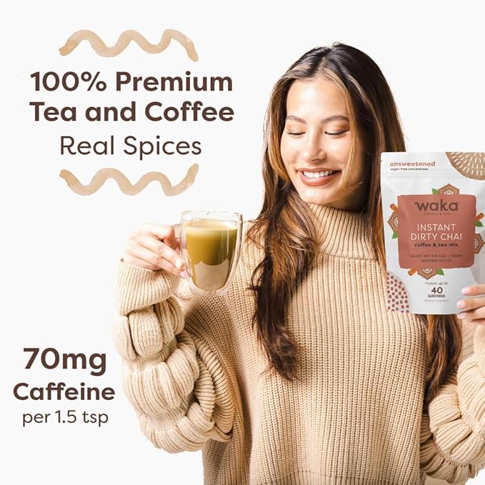 Waka Dirty Chai - Instant Coffee and Tea Powder Mix, Sugar Free, Pure Leaves from India With Arabica Coffee and Natural Spices, Unsweetened (4.5oz Pouch, 40 Servings)