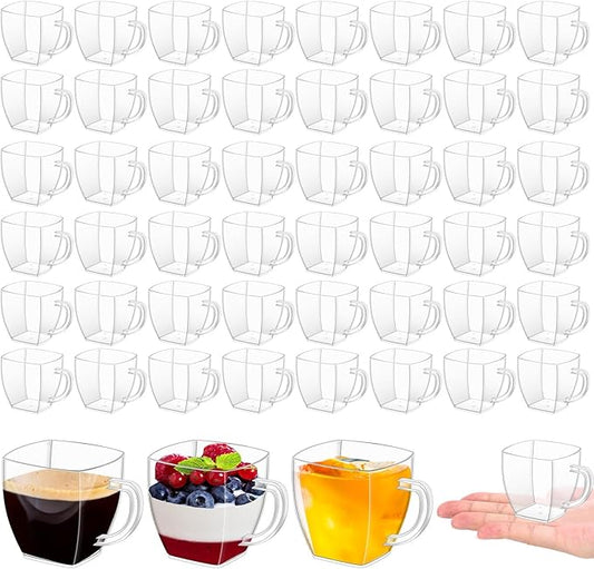 Amyhill 50 Pcs Disposable Tea Cups Mini Plastic Tea Cup Bulk with Handle Hard Plastic Coffee Mug Disposable Square Espresso Mug for Party Catering (Transparent)