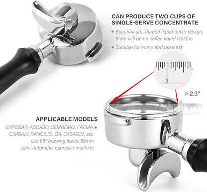 CrossCreek 58mm Espresso Double Spouts Portafilter with 2 Ear | Fits E61 | Flair/Rocket/Sanremo/Expobar etc. | Stainless Steel Basket and Solid Wood Handle | Espresso Accessories