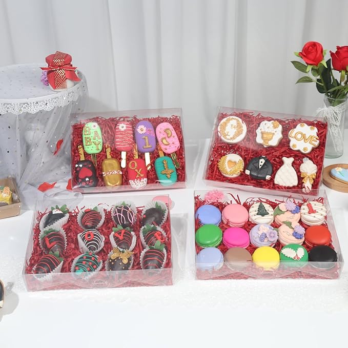 RomanticBaking 50PCS 10x7x2 inches Clear Cookie Boxes Strawberry Boxes Bakery Boxes Macaron Boxes Gift Boxes Treat Boxes for Party Favors