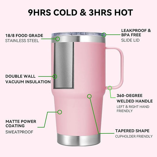 20 oz Stainless Steel Tumbler with Handle Bulk Metal Insulated Tumblers Travel Coffee Mug with Handle Double Wall Tumbler Cup with Lid and Straw, Pink 12 Pack