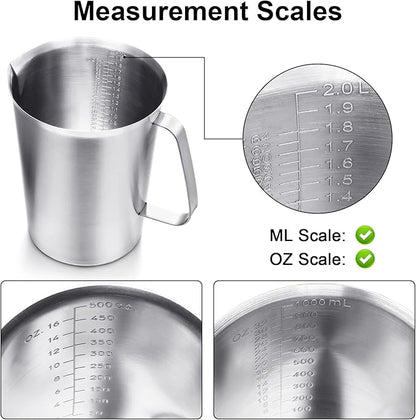 Flutesan 3 Pcs Stainless Steel Measuring Cups Measuring Pitcher with Handle with Markings for Latte Art, Water Pouring 2/4/8 Cup (16/32/64 oz)