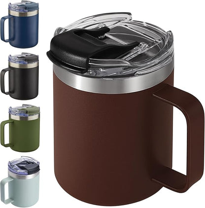 ALOUFEA 12oz Insulated Coffee Mug Cup with Handle, Stainless Steel Travel Coffee Mug with Flip Lid, Double Wall Vacuum Coffee Tumbler,Nut Brown