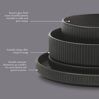 Gibson Elite Deerfield 16-Piece Stoneware Dinnerware Set – Matte Black Reactive Glaze Plates and Bowls, Stackable, Modern Design, Service for 4 – Microwave & Dishwasher Safe