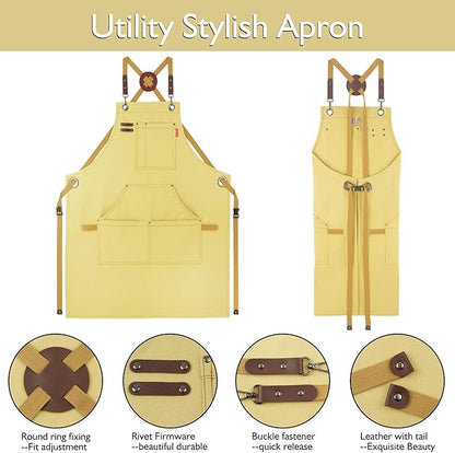 10 Pack Kitchen Apron, Work Apron, Canvas, Multiple Pockets, Gardening, Painting, BBQ, Artist, Carpenter, Sizes M to XXL, Amber