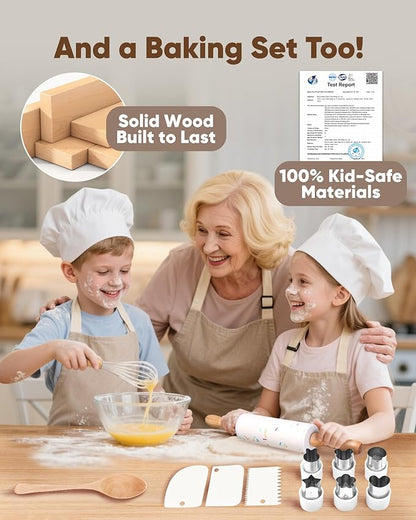 Wooden Safe Real Cooking Tool Set for Kids Toddler Teen – Montessori Kitchen Accessories & Utensils for Little Chef, with Children Proof Knife & Baking Kit, Youth Friendly Culinary Kit for Girl & Boy