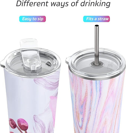 THILY Stainless Steel Vacuum Insulated Tumbler 26 oz Triple-Insulated Travel Mug with Splash-Proof Lid, for Iced Coffee and Hot Beverage, Pink Ripple + Lotus Flower