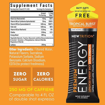 NewTrition® Extra Strength Energy Shots, 250mg Caffeine Energy Shots with Vitamin B & Amino Acids, Sugar-Free Vitamin Energy Shot, 1.7 fl oz (Pack of 24, Tropical Burst)
