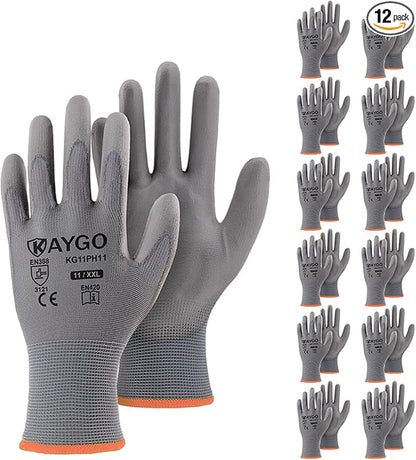 KAYGO Safety Work Gloves PU Coated-12 Pairs, KG11PB, Seamless Knit Glove with Polyurethane Coated Smooth Grip on Palm & Fingers, for Men and Women (2X-Large, Grey)