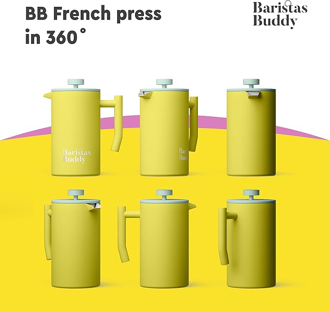 Yellow French Press Coffee Maker - Colorful, Retro And Stylish Insulated Coffee Brewer - Large Size Brews 4 Cups