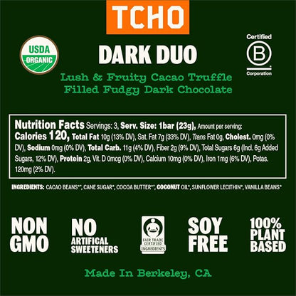 TCHO Dark Duo 75% Dark Chocolate Bars (10 pack) | Plant Based, Organic & Fair Trade, | Non GMO, Non-Dairy, Vegan Chocolate, Soy Free (2.5oz each)