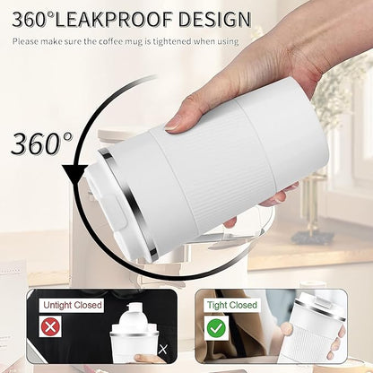 YINBAOGE Insulated Travel Coffee Mug Spill Proof Leak Proof Pobtable To Go Camping Stainless Steel Coffee Tumbler Reusable Coffee Cups with Lids Thermos for Hot and Cold Drink (White, 12 OZ)