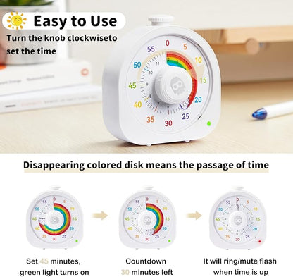 Visual Timer for Kids – 60min/12h Rainbow Magnetic Timer for Classroom, Rechargeable Silent Countdown Timer with Pomodoro Mode, ADHD Time Management Tool