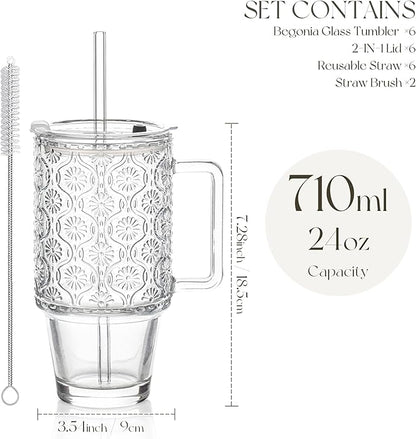 KEMORELA 6-Pack 24oz Glass Tumblers with Straws & Lids, Begonia Floral Iced Coffee Cups with Handles, Reusable Smoothie Glasses, Dishwasher Safe Cold Drinkware Set, BPA-Free Straws Included