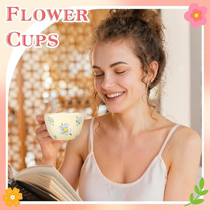 Ceramic Coffee Mug Vintage Flower Mugs 8 oz Cute Floral Coffee Mugs Irregular Latte Art Cup Lead-free Porcelain Cups for Cappuccino, Cocoa (Blue Flowers)
