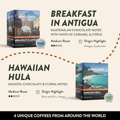 Angelino's Coffee Reserve Collection Coffee Pods Variety Pack, Medium & Dark Roast Coffee K Cups Compatible, 96 Count for Keurig Brewers, Includes Breakfast in Antigua, Hawaiian Hula, Mad Professor, and Espresso