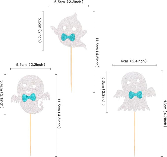 24Pcs Ghost Cupcake Toppers - Bule Halloween, Bule and White Halloween Birthday Decorations, Bule Halloween Baby Shower Decor, Ghost Decorations, Halloween Gender Reveal Decorations