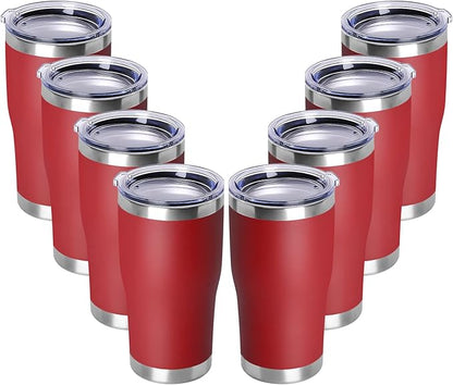 DOMICARE 20oz Tumbler with Lid Stainless Steel Tumblers Bulk, Double Wall Vacuum Insulated Coffee Travel Mug Powder Coated Tumbler, 8 Pack Red