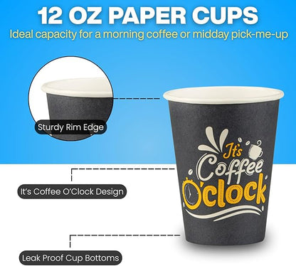 Smygoods Disposable Coffee Cups, To Go Paper Hot Cups, Coffee O'Clock Design (12 OZ, 50 Count) For Hot Beverages, Coffee, Tea, Espresso, Cocoa - Vasos Para Cafe