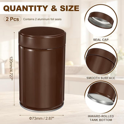 uxcell 2Pcs Round Tea Canisters, 5" x 3" Airtight Metal Tea Containers for Loose Tea, Coffee Beans, Spices - Durable, Compact, and Stylish Storage Tea Tin (Brown)