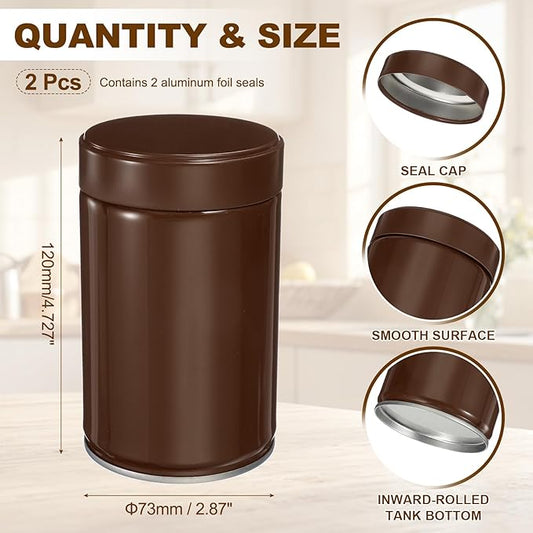 uxcell 2Pcs Round Tea Canisters, 5" x 3" Airtight Metal Tea Containers for Loose Tea, Coffee Beans, Spices - Durable, Compact, and Stylish Storage Tea Tin (Brown)